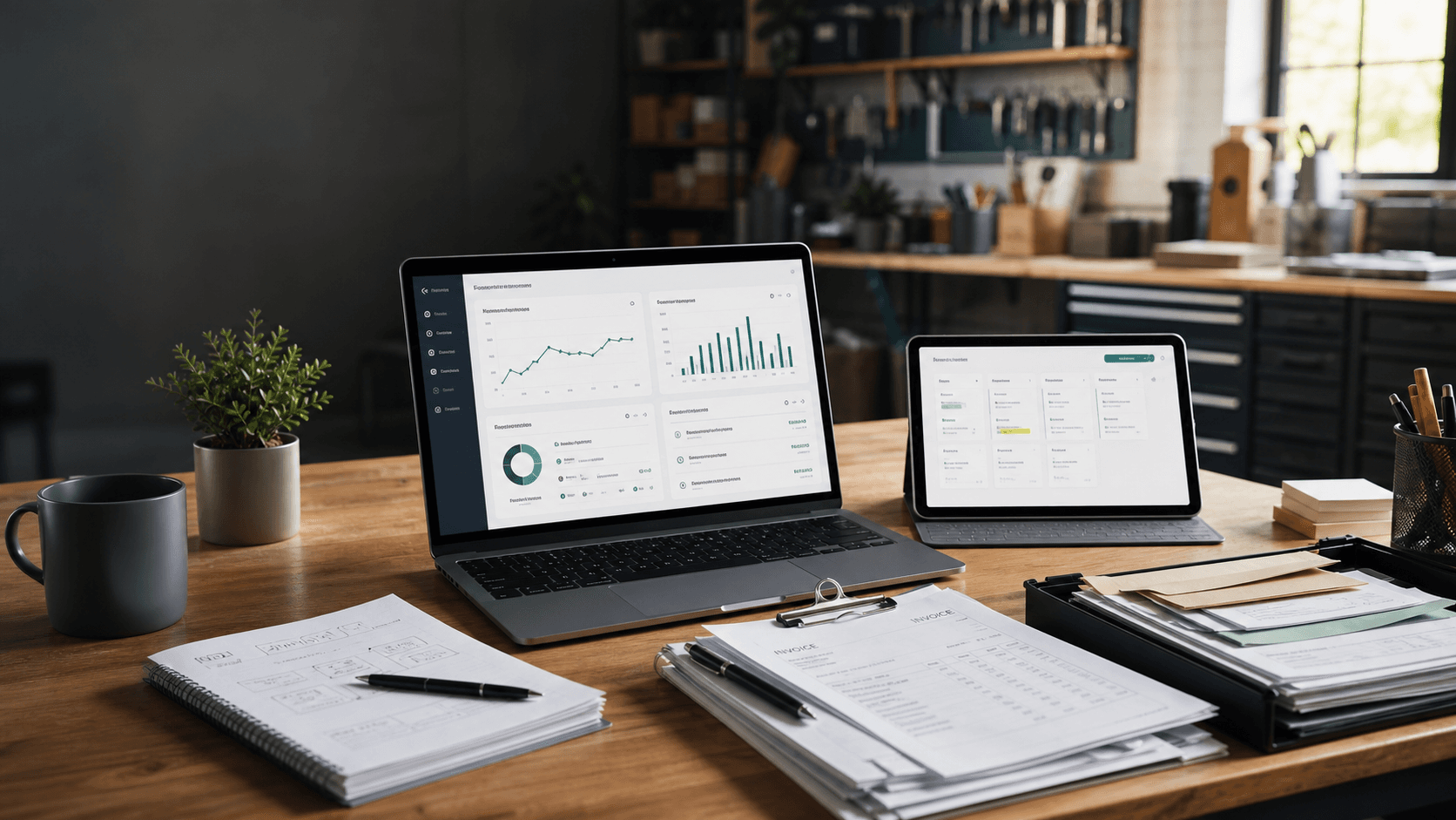 A business operations desk with custom software dashboards and organized workflow documents